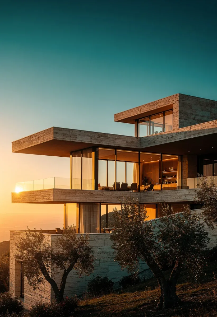Terrasse et piscine d’une villa contemporaine en fin de journée