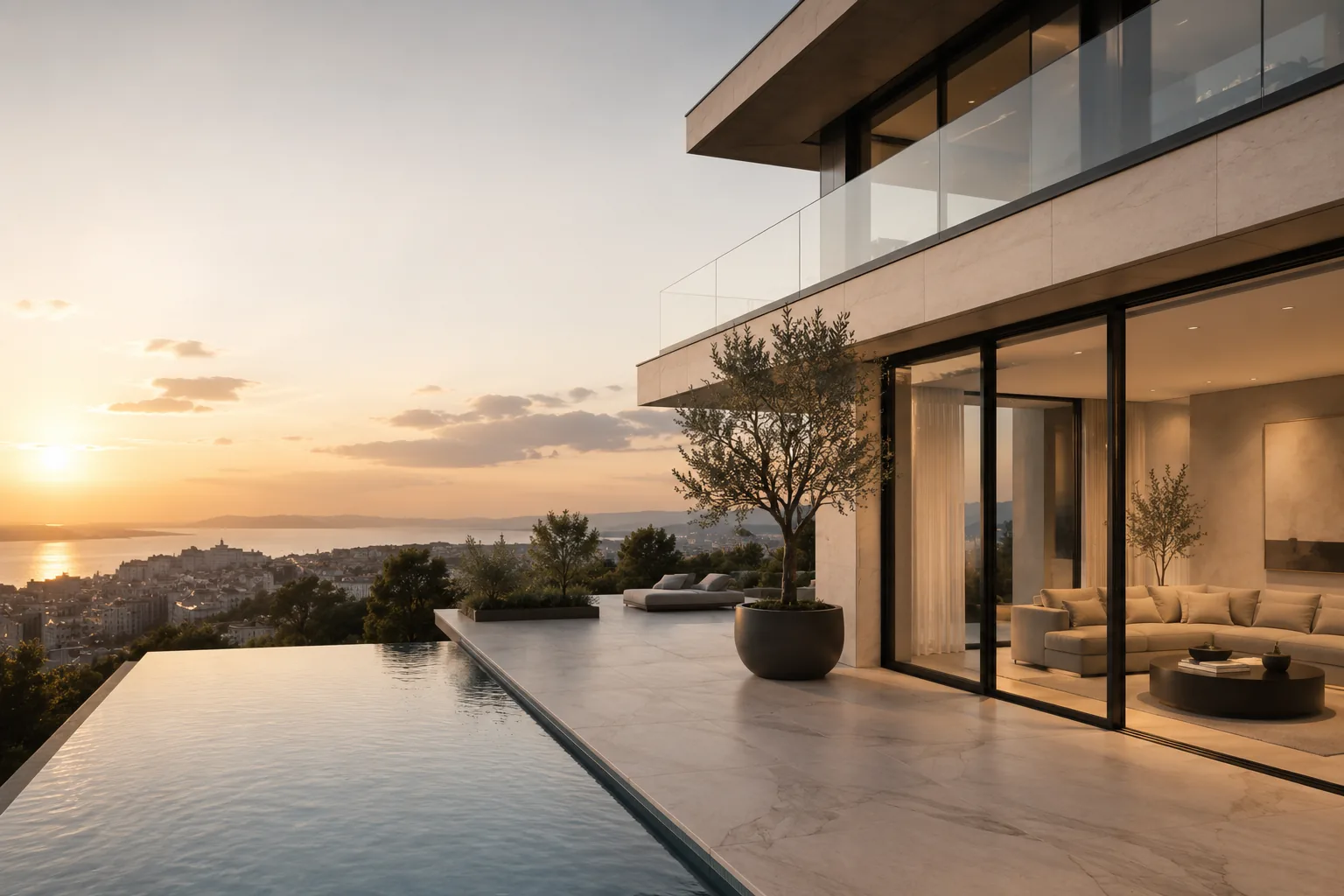 Villa contemporaine avec piscine à débordement au coucher du soleil, surplombant une ville côtière