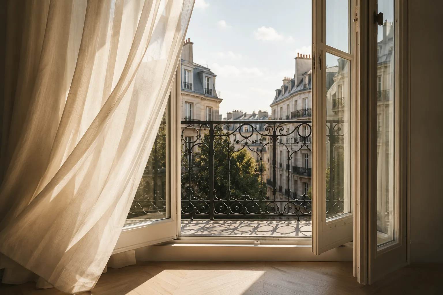 Fenêtre parisienne ouverte avec rideaux en lin et vue sur des immeubles haussmanniens