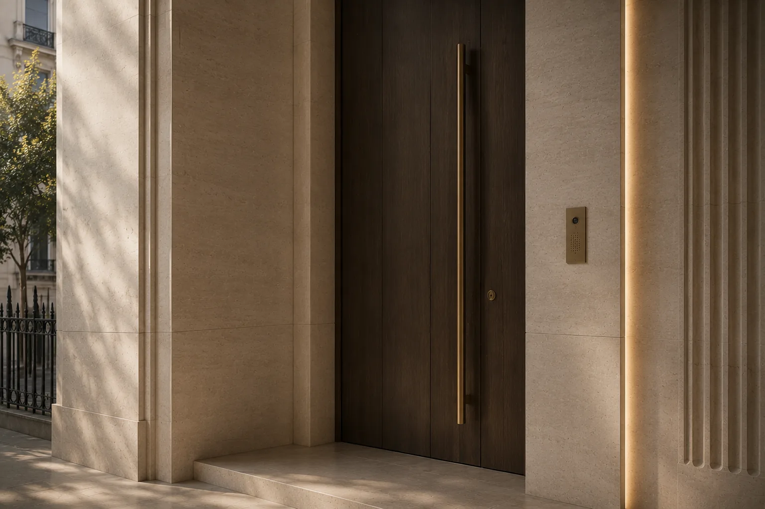 Intérieur d’appartement épuré ouvrant sur un balcon et une façade haussmannienne