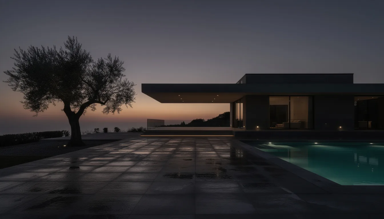 Villa contemporaine et piscine éclairée au crépuscule, avec un olivier au premier plan