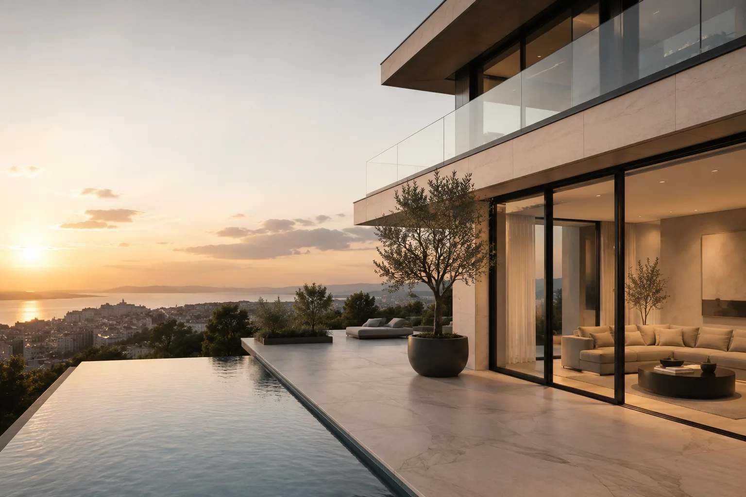 Villa contemporaine avec piscine à débordement au coucher du soleil, surplombant une ville côtière