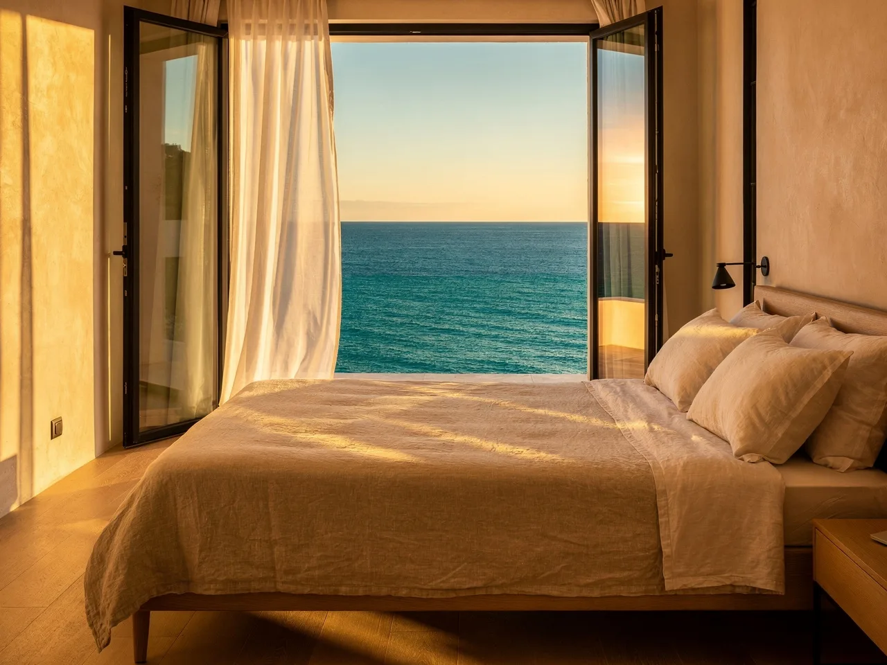 Chambre en lin naturel ouvrant par de grandes portes-fenêtres sur la mer au coucher du soleil