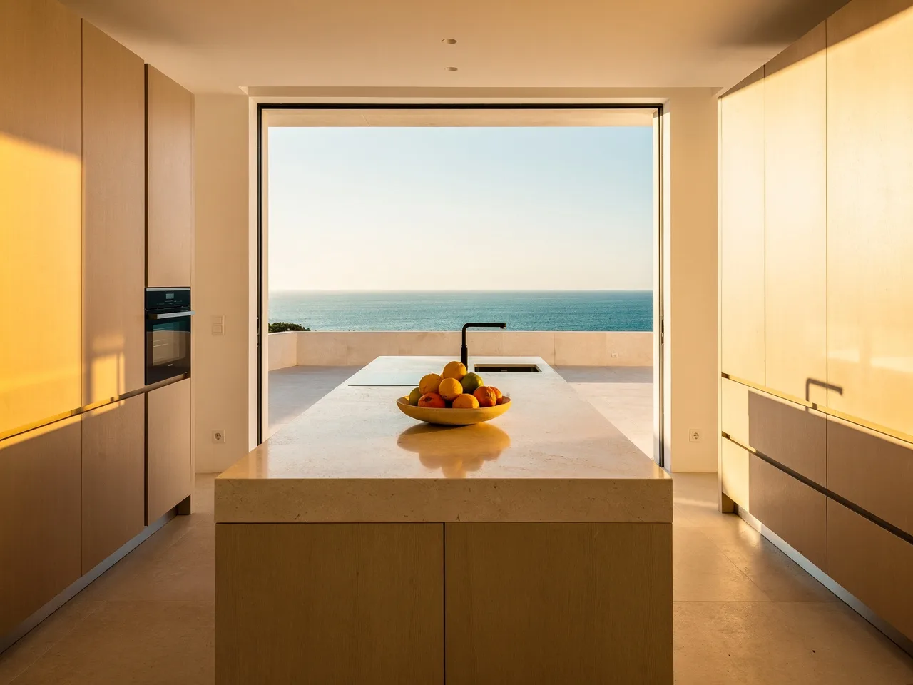Cuisine minimaliste en pierre et bois clair ouvrant sur une terrasse face à la mer
